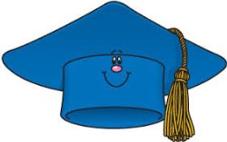 blue graduation cap and tassel with a cartoon face